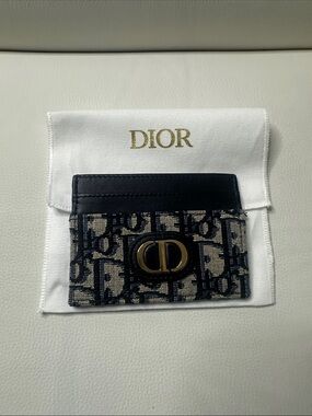 Authentic Dior Oblique CD Canvas & Leather Card Holder - Navy & Beige